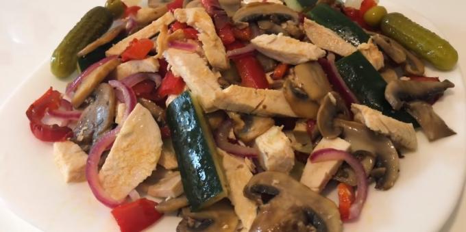 Salads without mayonnaise: Salad with chicken, mushrooms, cucumber and bell pepper