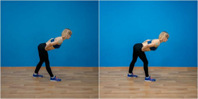 Stretching while standing. Left - stretching the upper thigh biceps, right - lower