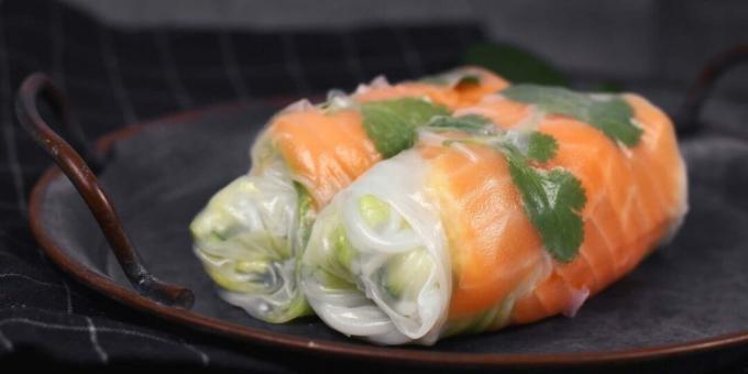 Spring rolls with avocado, rice and red fish