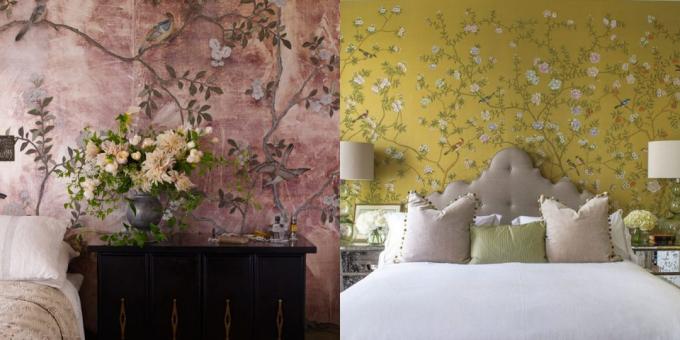 Whimsical floral motifs on the wallpaper for the bedroom