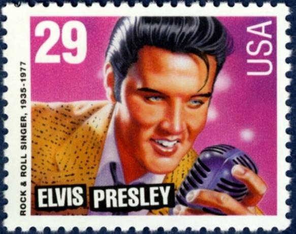 Postage stamp with Elvis and microphone Shure