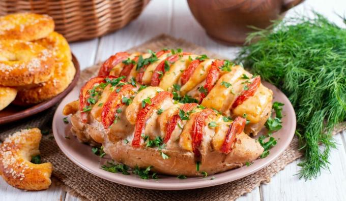 Oven baked chicken breasts with tomatoes and cheese