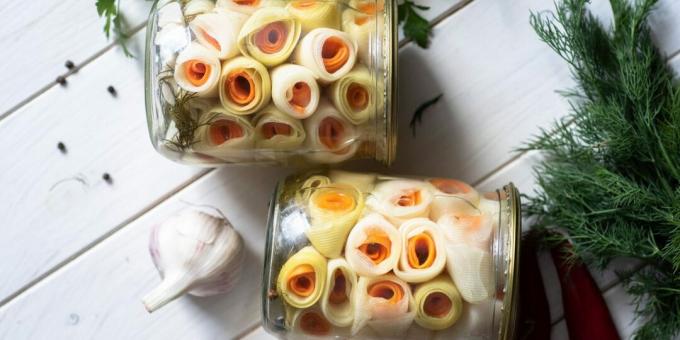 Marinated zucchini rolls with carrots