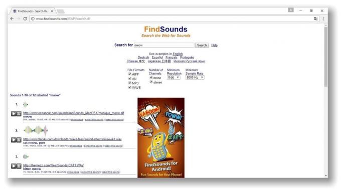 Most search engines: FindSounds