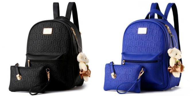 Stylish backpack with a cosmetic bag and teddy bear