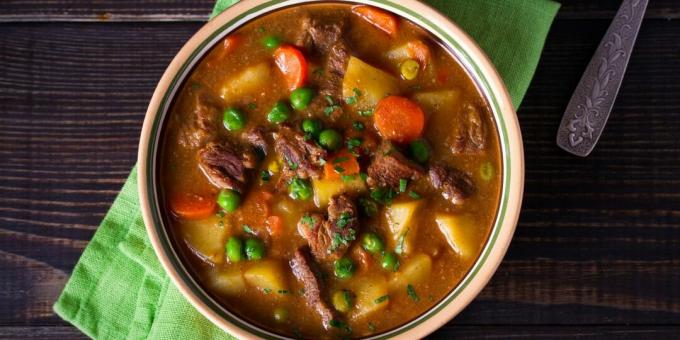 Beef soup with vegetables and wine