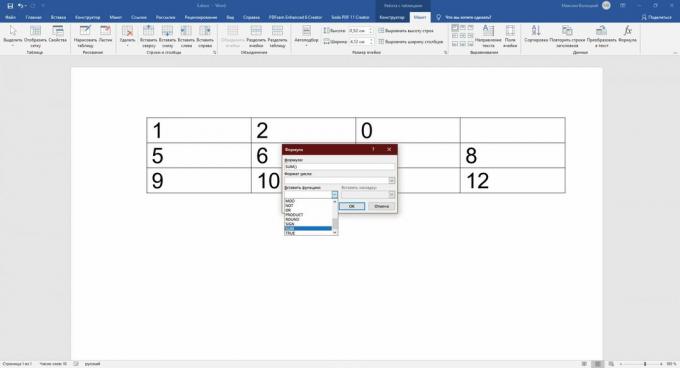 Insert formulas in Word: select the operator you want