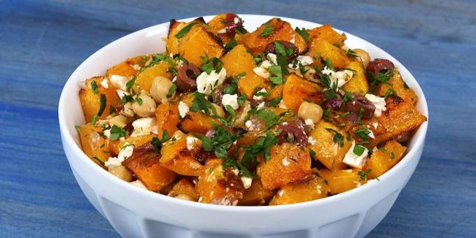 Recipes: Pumpkin salad with chickpeas, olives, nuts and honey dressing