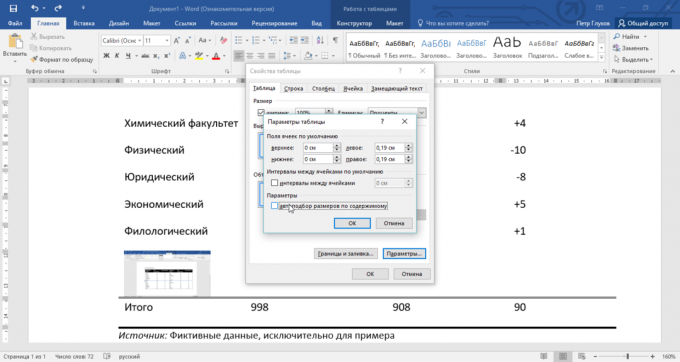 Turning off auto-fit the size of table cells in Word 2016