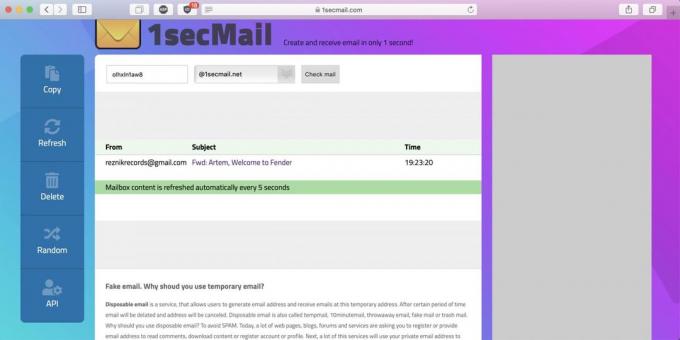 Temporary mail 1secMail