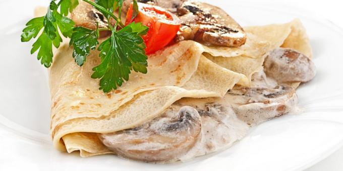 Toppings for pancakes: mushroom with cheese sauce