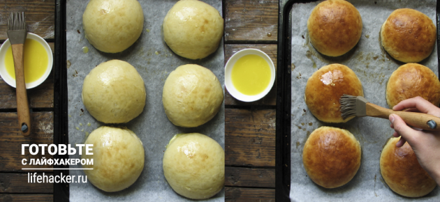 Universal buns for hot dogs and burgers: grease buns with yolk and then butter