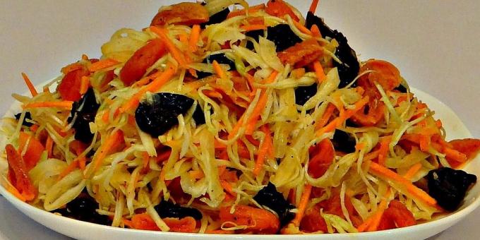Salad with prunes, cabbage, carrots and dried apricots