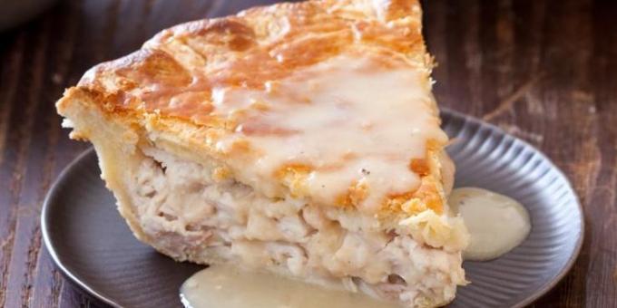 Pie with chicken, cheese and cheese