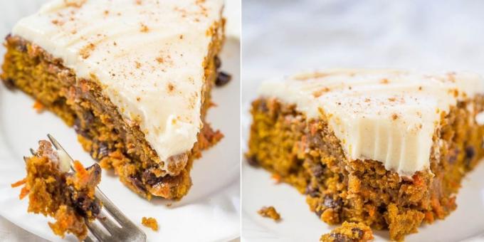 Carrot and pumpkin pie with raisins and butter cream