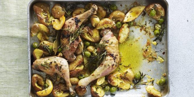 New potatoes baked with chicken, lemon and olives