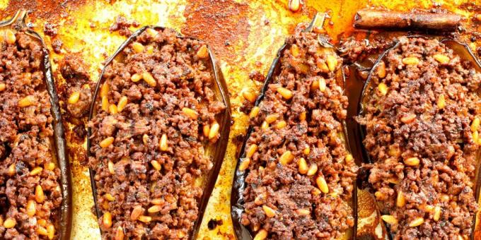 Stuffed eggplant with lamb and pine nuts