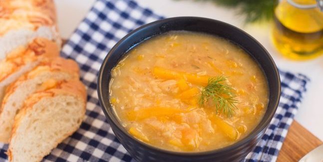 Thick meatless soup with lentils and pumpkin