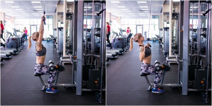 training program in the gym: Traction of the upper block to the chest