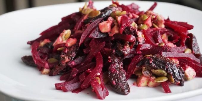 Salad of boiled beet with prunes, nuts and avocados