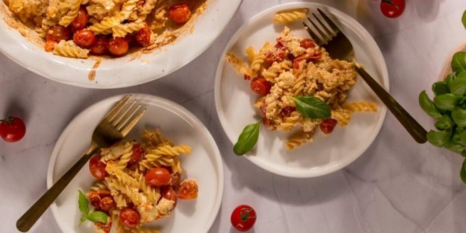 Hit TikTok. Pasta with baked feta and tomatoes