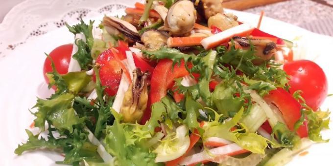 Salad with crab sticks, mussels, cabbage, pepper and soy sauce