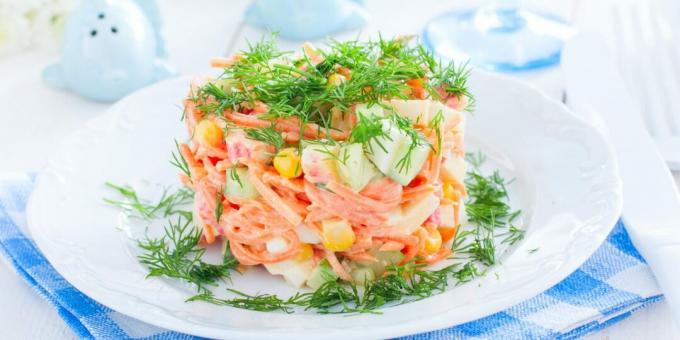 Salad with Korean carrots, crab sticks and corn