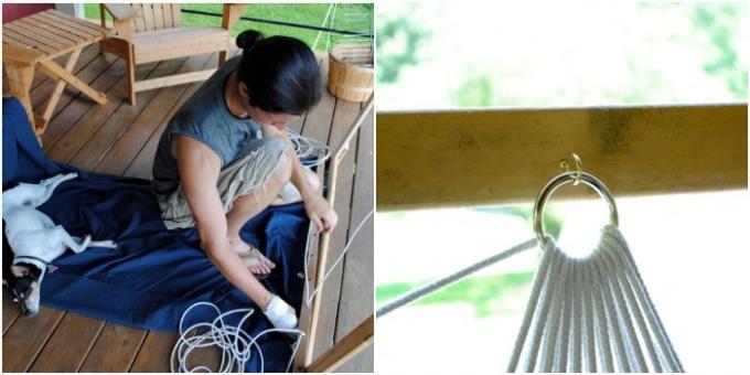 Hammock with his own hands: Hammock of stitched fabric on the ropes and rails