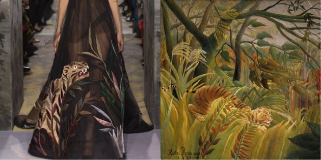 Valentino model and a painting by Henri Rousseau "Tiger in tropical storm"