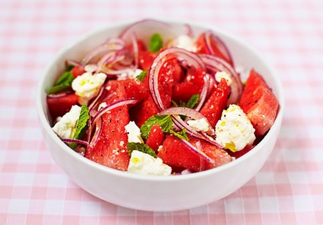 Dishes from the watermelon salad with feta cheese