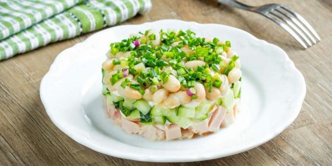 Salad with boiled sausage, cucumbers and beans