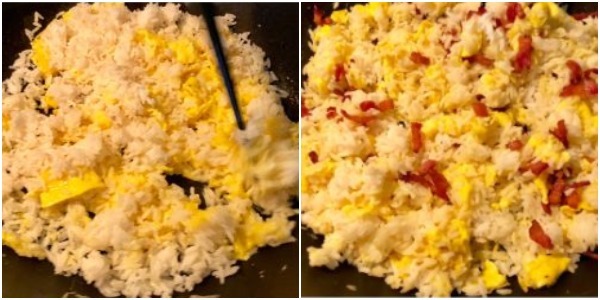 How to cook fried rice with egg: When the rice is warmed, add the bacon, salt and soy sauce and mix well
