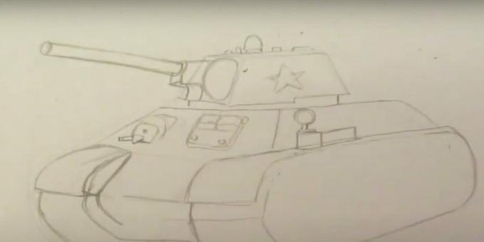 How to draw a tank: draw the frontal machine gun and the mechanic's hatch 