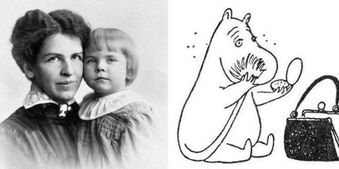 Tove Jansson with his mother and Moominmamma from the saga of Moomins