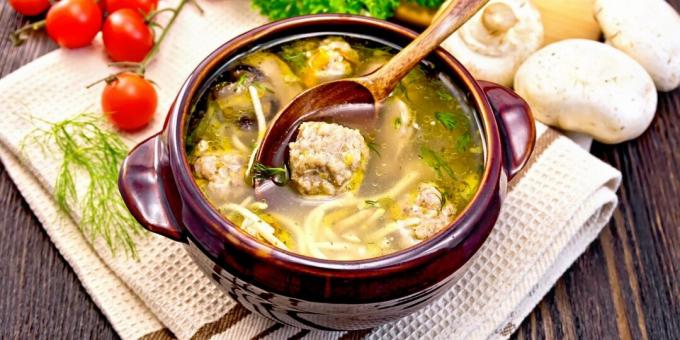 Soup with homemade noodles, meatballs and mushrooms