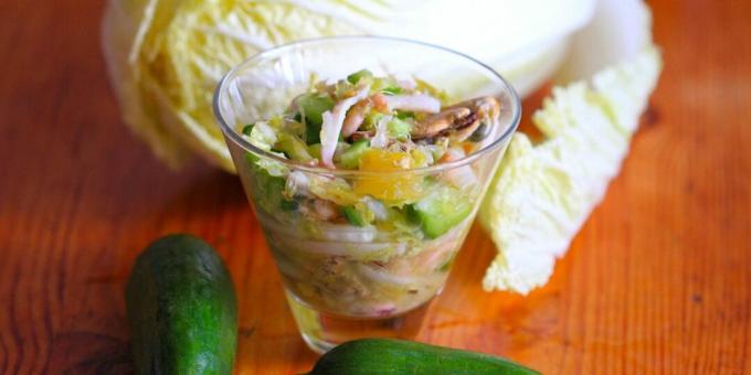 Salad with sea cocktail, cucumbers and Chinese cabbage