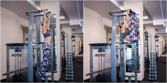 The training program in the gym: Lifting the legs to the horizontal bar