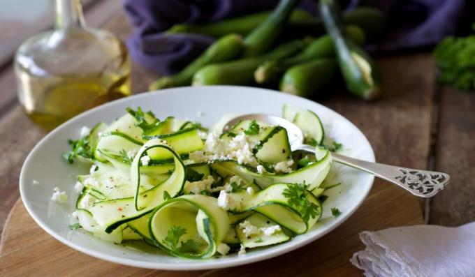 Pickled zucchini salad with curd cheese