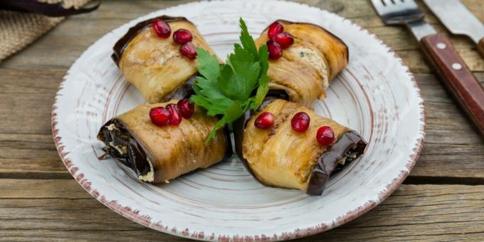 Eggplant rolls with walnuts, garlic and herbs