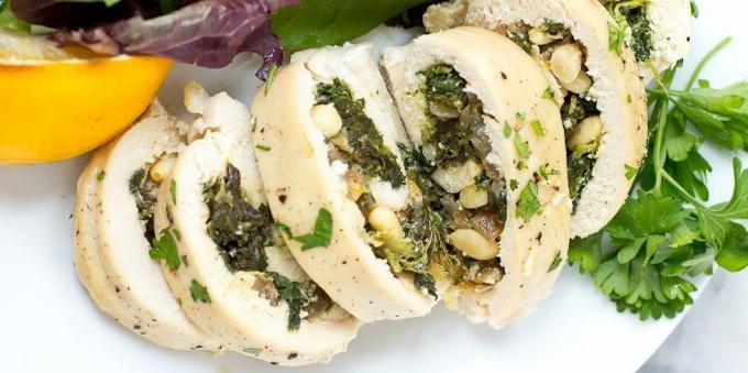 Chicken roll with cheese, spinach and walnuts