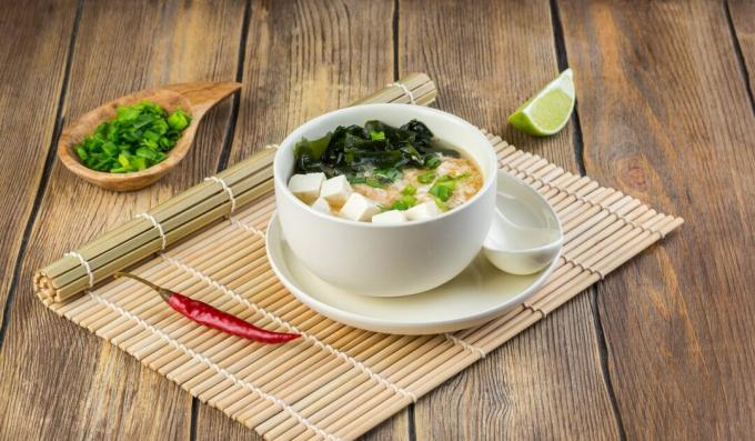 Japanese chankonabe soup with shiitake, tofu and meat balls