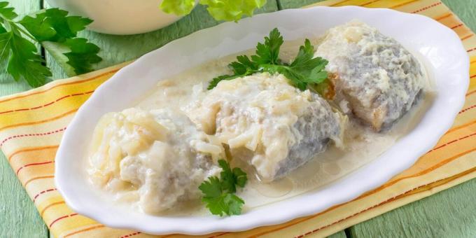 Fish stewed with sour cream sauce in a slow cooker