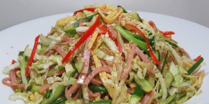 Salad with ham, Chinese cabbage and cucumber