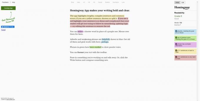 Online punctuation checker: Hemingway App
