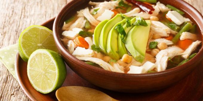 Mexican soup with chickpeas and chicken