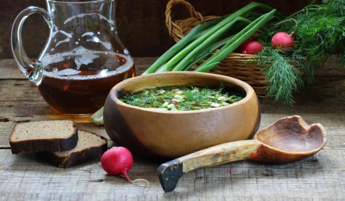 Okroshka on kvass with sausage and sour cream