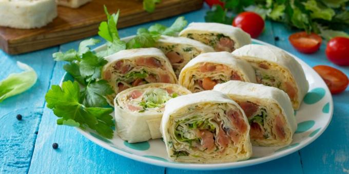 Lavash roll with red fish and cheese