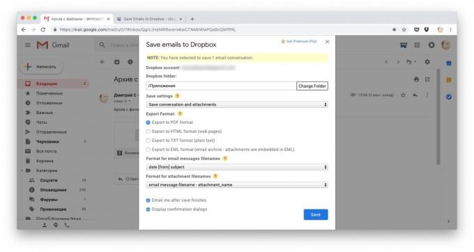 Ways to download files to Dropbox: copy the entire letter by Save emails to Dropbox