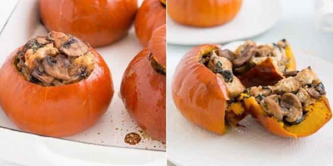 Pumpkin in the oven, stuffed with mushrooms, spinach, cheese and cream