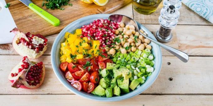 Salad with tomatoes. Salad with tomatoes, chickpeas, avocado and pomegranate